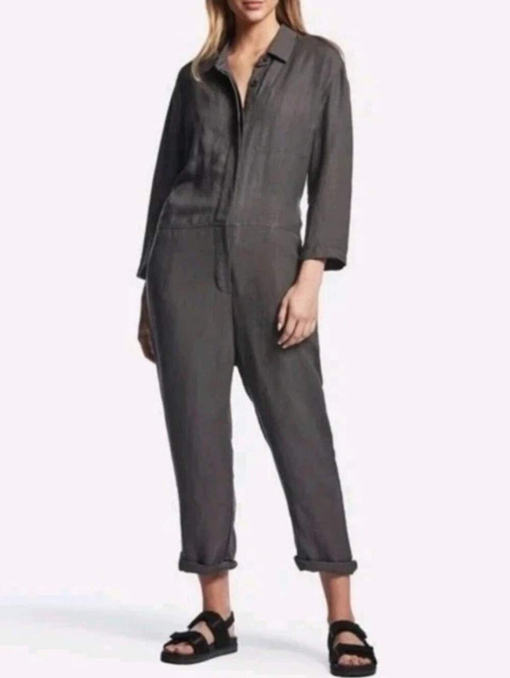 James Perse Woman XS Oversized Utility Jumpsuit Steel Gray Woven Linen Mechanic